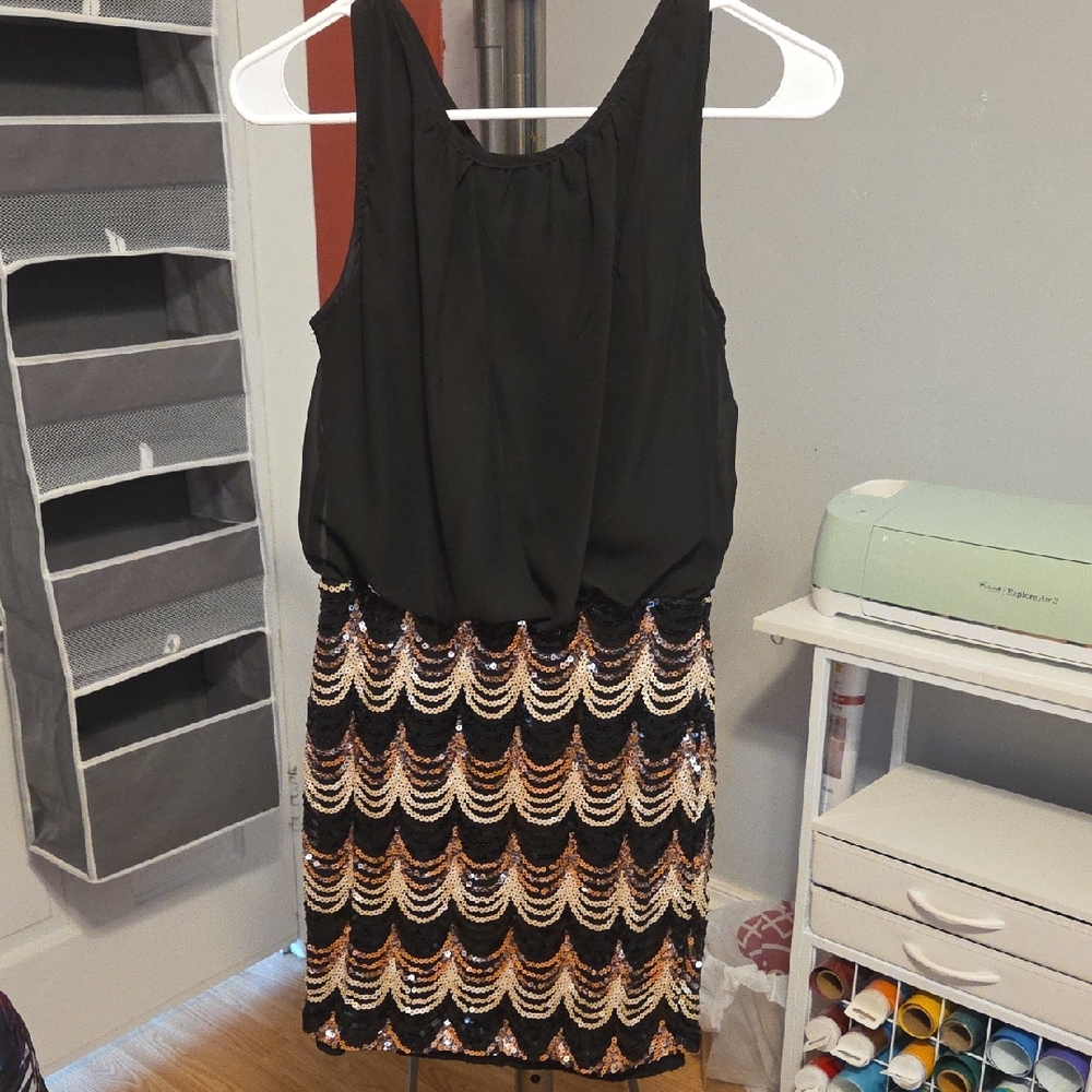 Crystal Doll Black and Gold Sequin Mini Dress